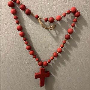 Red Wooden Beads with Cross Pendant